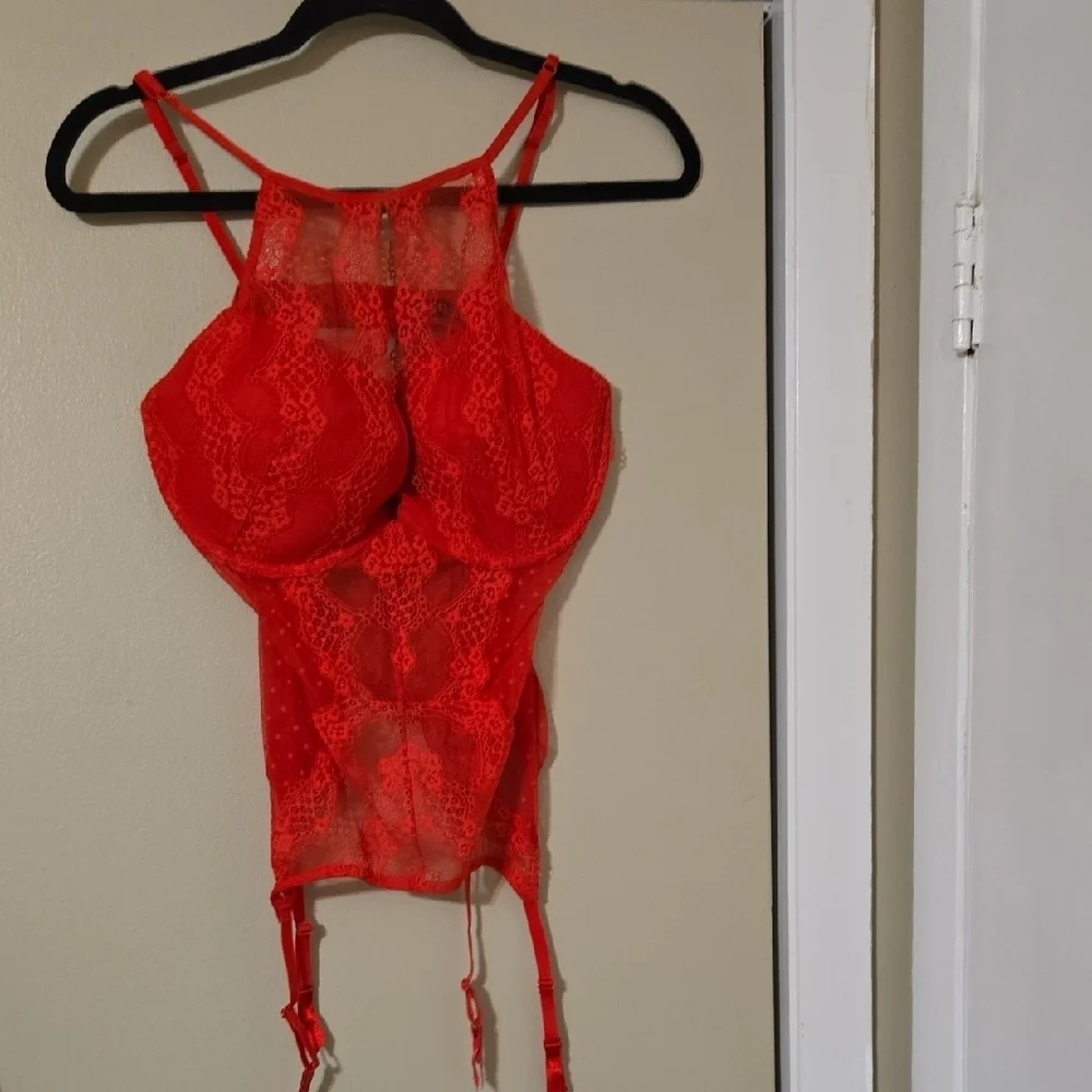 Adore Me Vibrant Red Lace Lingerie with Garters Size XL